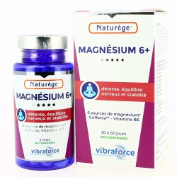Magnésium 6+ |ULTRA ABSORPTION | Naturège VIBRA| Vitamine B6+Griffonia+Fleur de Bach+ HE Camomille - 120 comprimés - Naturège