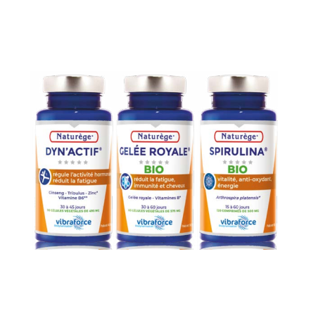 Pack Vitalité | Dyn'Actif | Gelée Royale | Spirulina Bio - Pack de 3 Piluliers - Naturège Laboratoire