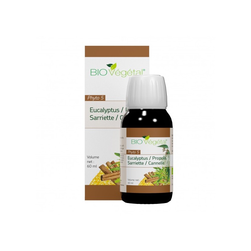 Phyto 5 Bio Eucalyptus -Propolis - Sariette - Canelle  60 ml - Bio Végétal