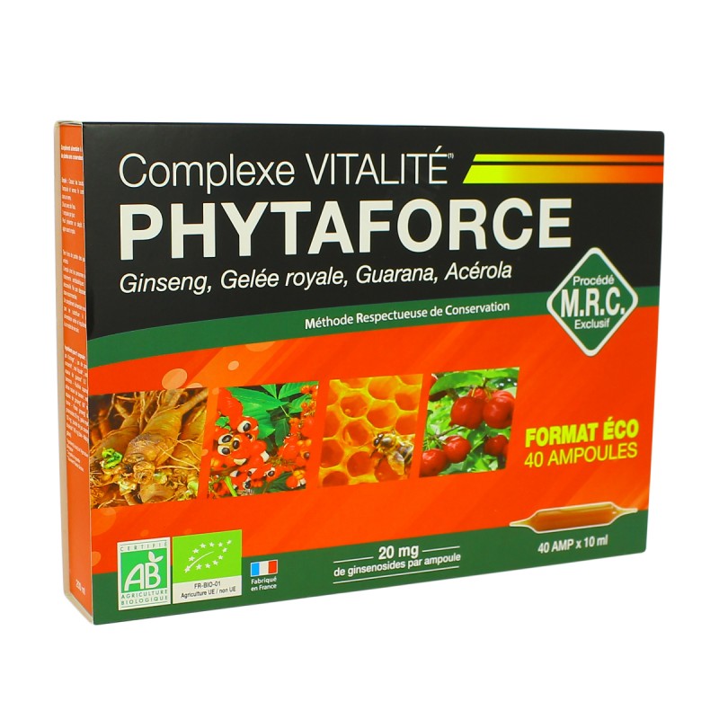 Phytaforce Ginseng, gelée royale, guarana, acérola Bio - 40 Ampoules - Biotechnie