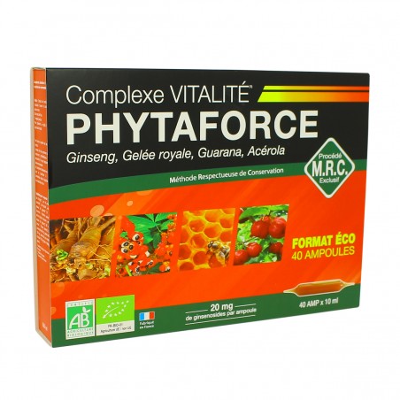 Phytaforce Ginseng, gelée royale, guarana, acérola Bio - 40 Ampoules - Biotechnie